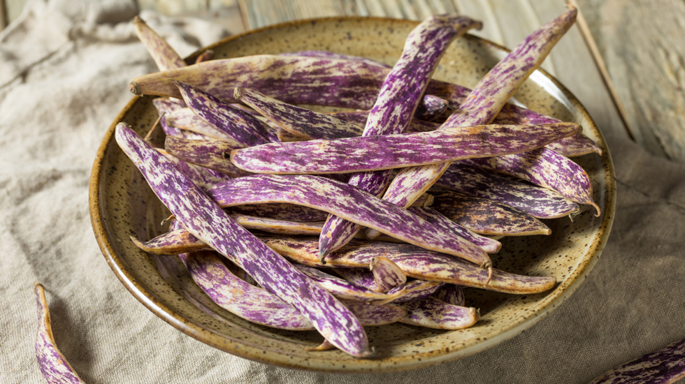 dragon's tongue beans in a ceramic bowl