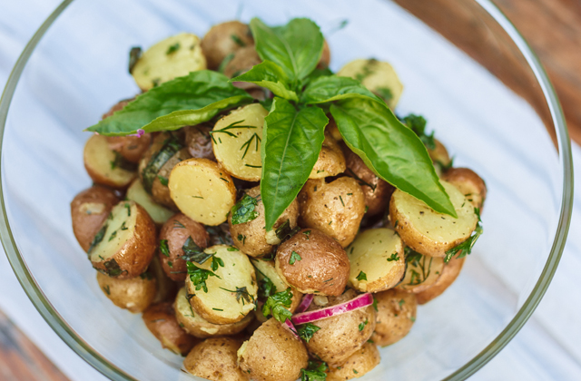herbed baby potato salad with amazel basil