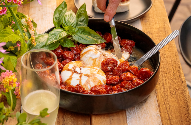 oven roasted tomatoes and burrata
